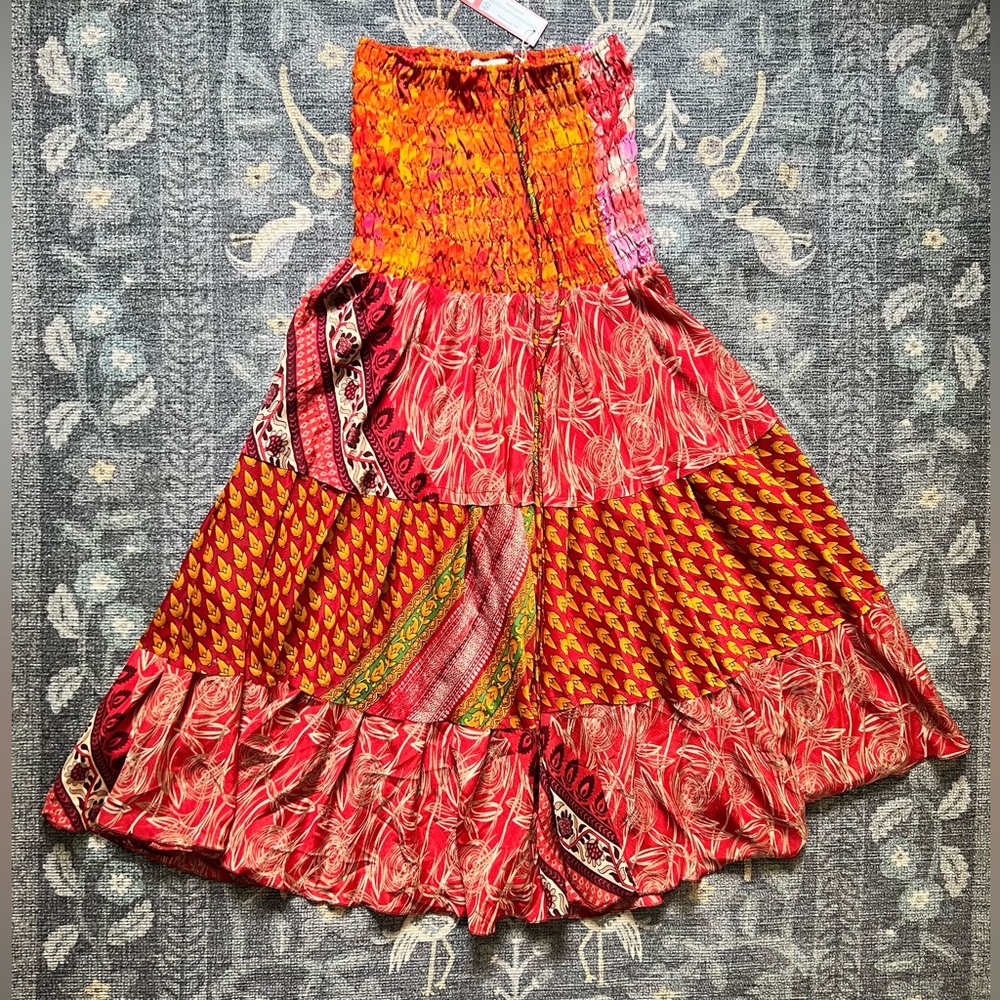 Darn Good Sedona Patchwork 100% Silk Skirt NWT